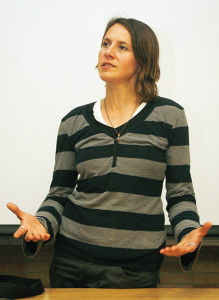 Katherine Grey, assistant professor of art at California State University at San Bernadino, speaks about her involvement with the Glass Blowout Wednesday afternoon in the Science Hall. ABOVE: &#8220;White Mounds,&#8221; an example of Grey&#8217;s artwork, will be featured along with other pieces at the Glass Blowout this Saturday./PHOTO BY KELLEN JENKINS