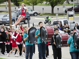 Emporia High School&#8217;s drum line and cheerleaders pump up the crowd before the award ceremony begins at the William Allen White Children&#8217;s Book Award Ceremony in the morning on Saturday, Oct. 5.Jennifer Pendarvis/The Bulletin