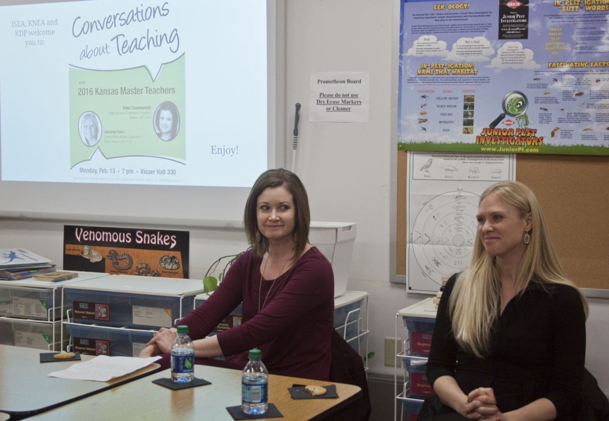 Nikki Chamberlain, a high school chemistry teacher, and Adriane Falco, an elementary music educator, answer questions from students about teaching last Monday in Visser Hall 330. The questions ranged from their own perspective and philosophy toward teaching and the challenges of being a teacher.