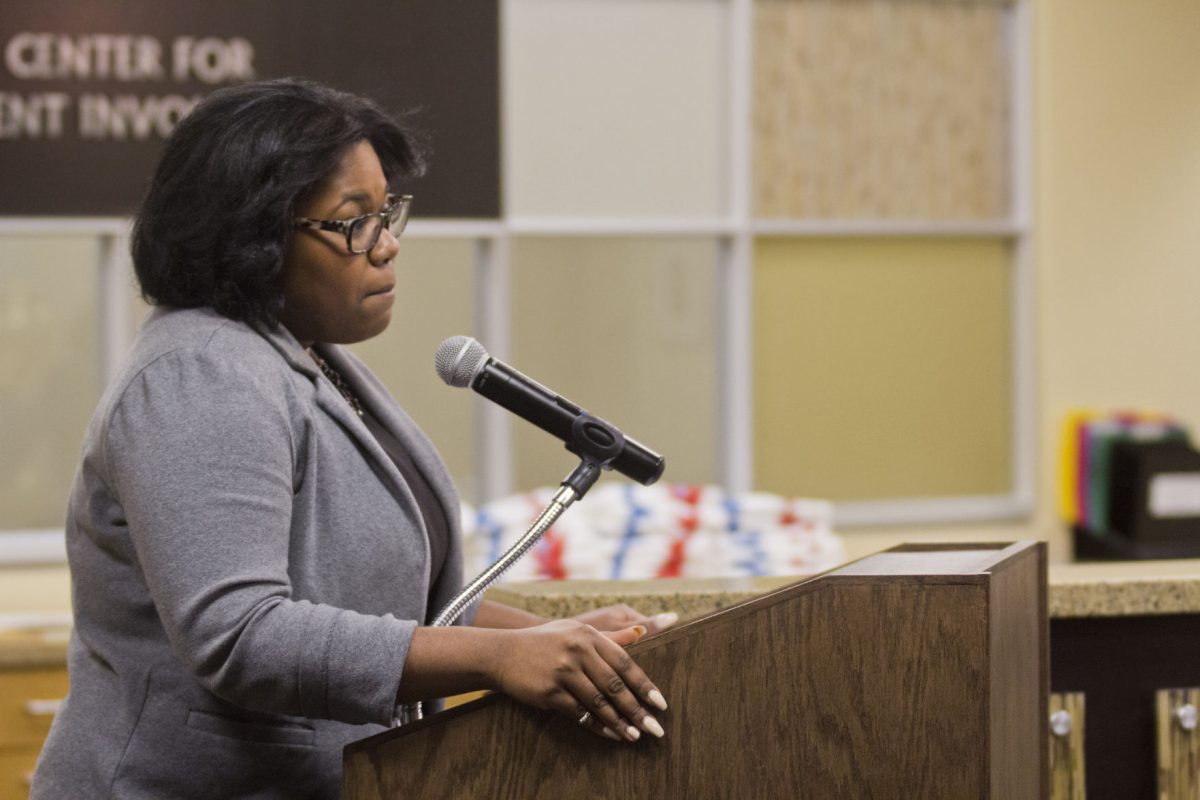 Deanna Williams, director of diversity student programs, speaks about her time as a mentee on Tuesday in the Center for Student Involvement. The mentor award reception was held in honor of the National Mentor Month, where four nominees received awards.