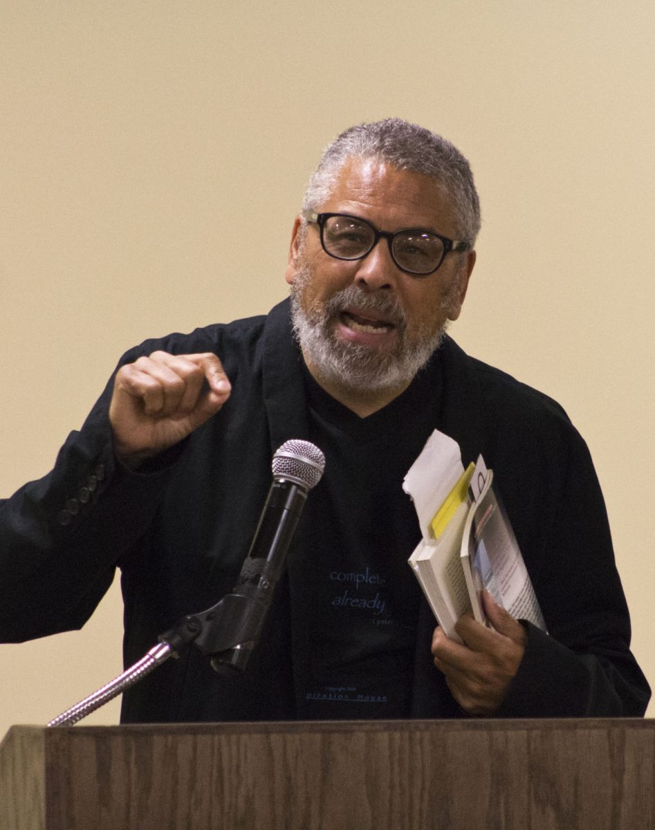 Peter Harris, the final visiting writer of the year, reads a collection of his poems last Thursday evening in the Preston Family room. Harris read poems from &#8220;Bless the Ashes,&#8221; &#8220;The Vampire Who Drinks Gospel Music&#8221; and &#8220;The Black Man of Happiness: In Pursuit of My &#8216;Unalienable Right.&#8217;&#8221;