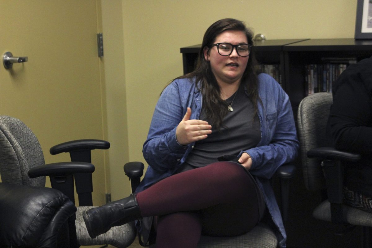 Abigail Weiser, sophomore sociology major and co-president of URGE discusses various self-care tips, such as finding time for yourself and learning to say no, at the group&#8217;s meeting on Thursday in the Diversity Lounge. At the meeting, members spoke about their gender neutral bathroom initiative and shared some of the ways that they take part in self-care.