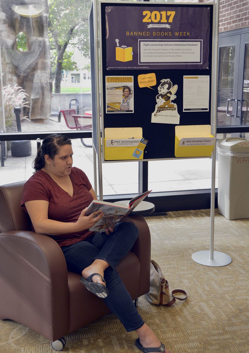 Jeana Lawrence, first year graduate student in library science program, reads Harry Potter and the Sorcerer's Stone by J. K. Rowling on Monday in the White Library.&#160;The annual Banned Books Week from Sept. 24&#160;to 30&#160;is a celebration of the freedom to read.