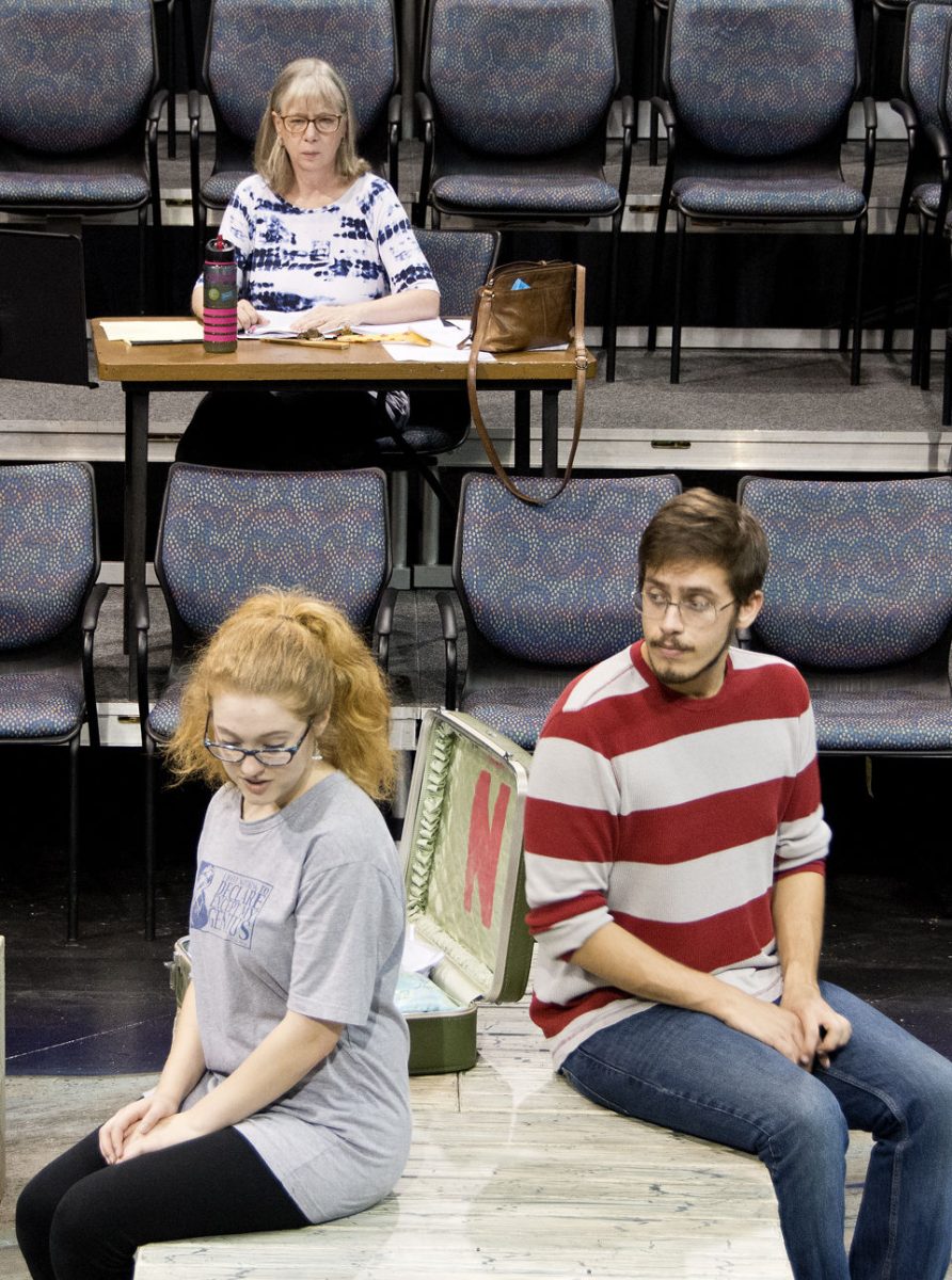 Torin Horvik, junior theatre and art major, as Russell and Drew Noss, junior theatre major, as Peggy, rehearse scenes from &#8220;Family Furniture&#8221; by A.R. Gurney, Tuesday in the Frederickson Theatre. &#8220;Family Furniture&#8221; will show in the Ronald Q. Frederickson Theatre in Roosevelt Hall September 26-30.