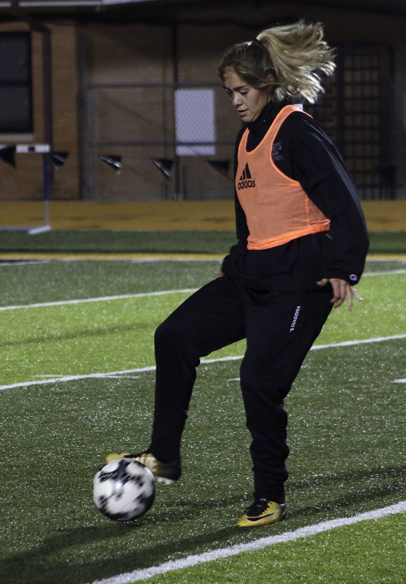 Tanna Benefiel, sophomore midfielder, trains with the soccer team, Tuesday at Welch stadium. Benefiel is leading the Hornets with four goals this season.