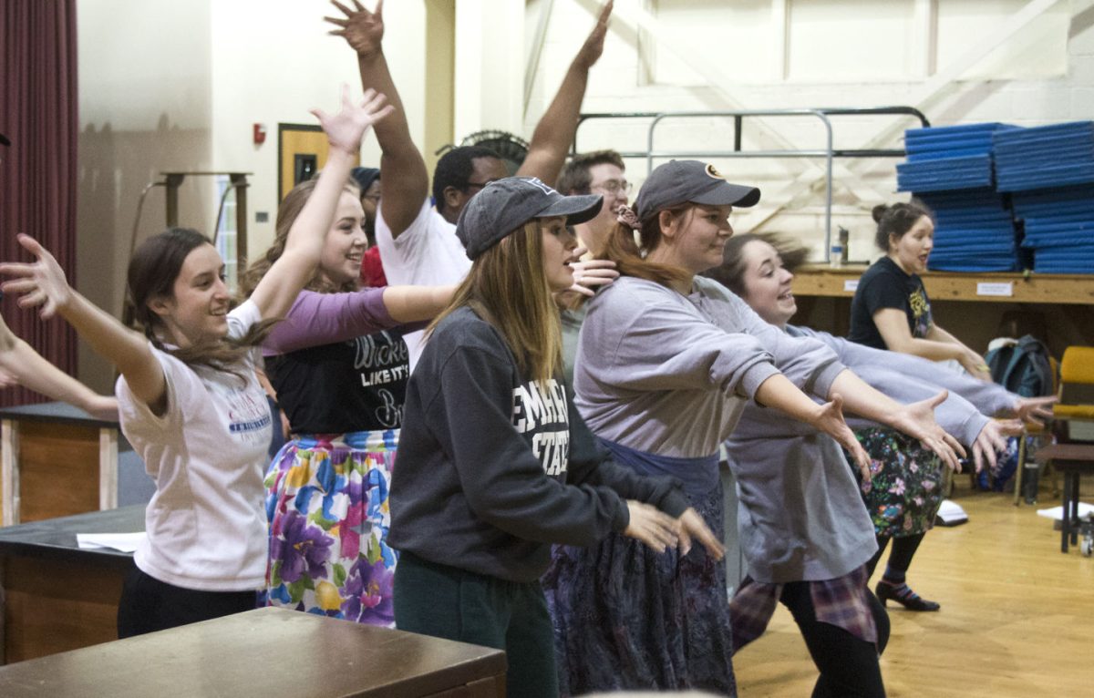 The cast of "9-5" practice choreography to a song on Tuesday in Frederickson Theater. The homecoming musical will open 7:30 p.m. Nov. 2 at Bruder Theater.