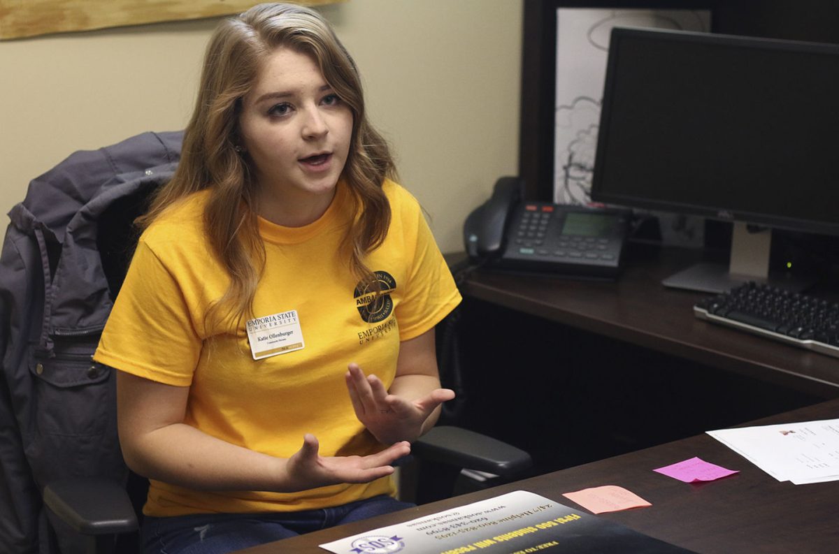 Katie Ollenburger, junior elementary education major, explains the role of the Community Hornets and SOS Child Advocacy Center in bringing Jeffrey S. Bucholtz, the guest speaker talking about sexual assault, to campus. SOS contacted the Community Hornets two years ago to bring different speakers for important issues such as sexual assault and child abuse.