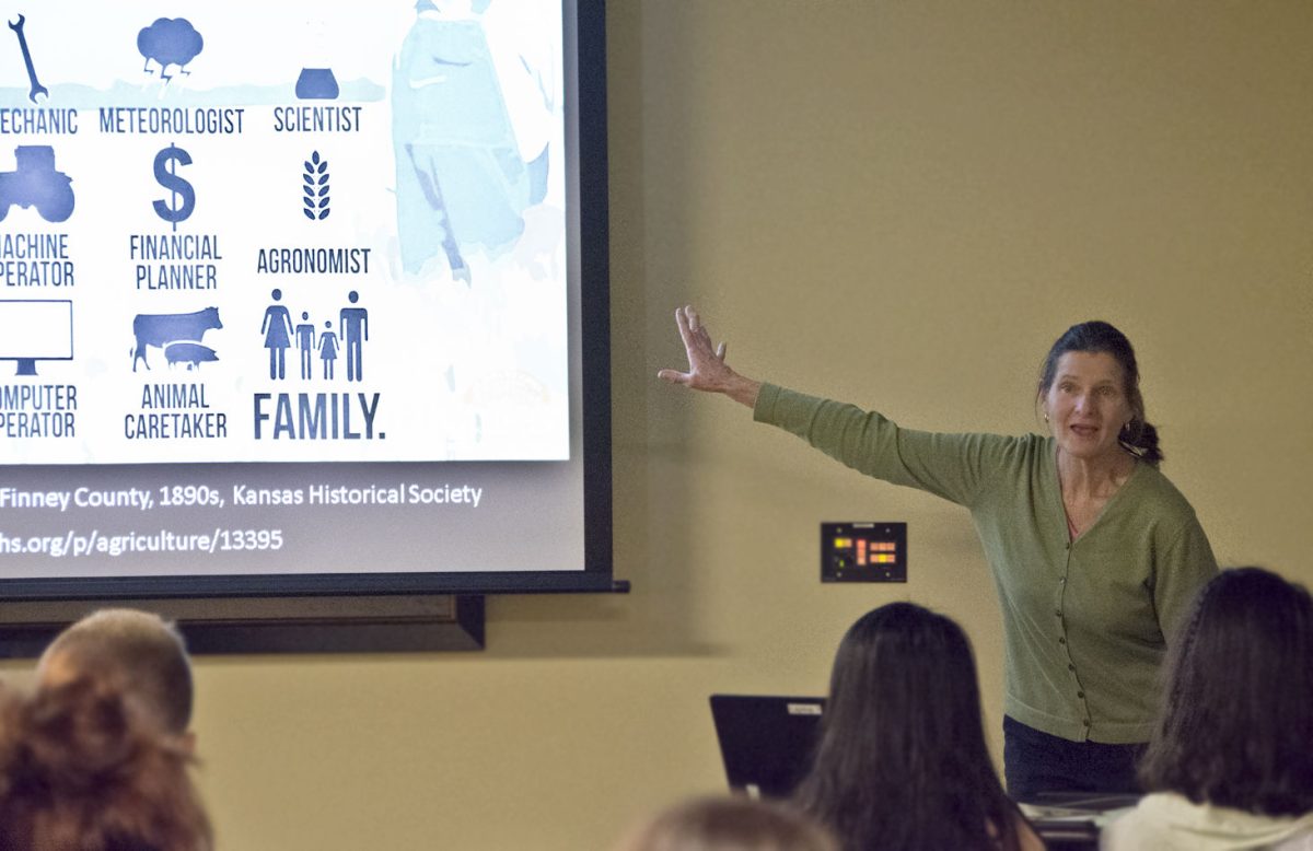 Debra Reid, the curator of agriculture and environment at The Henry Ford Museum, and professor emeritus in the Department of History and Historical Administration Graduate Program at Eastern lllinois University, talks through her lecture &#8220;STEM or the Humanities When Interpreting Agriculture. Why Does it Matter?&#8221; last Thursday in the Blue Key Room. She is the author of &#8220;Interpreting Agriculture of Museums and Historic Sites.&#8221;
