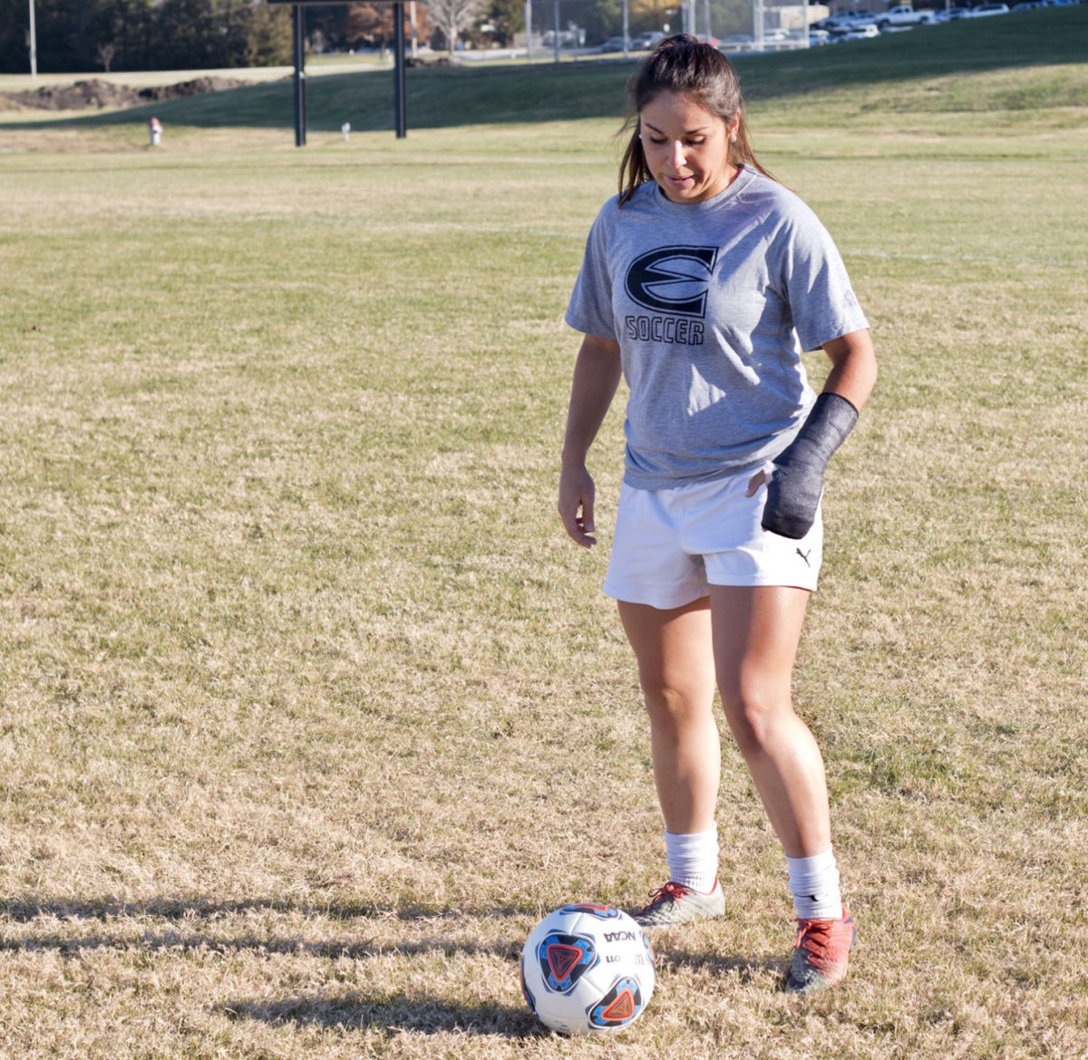 Ashlynn Summar, senior forward and biology major, talks about her college soccer career yesterday on the soccer field in front of the rec center. Summar says the team will continue to grow with the new younger talents.