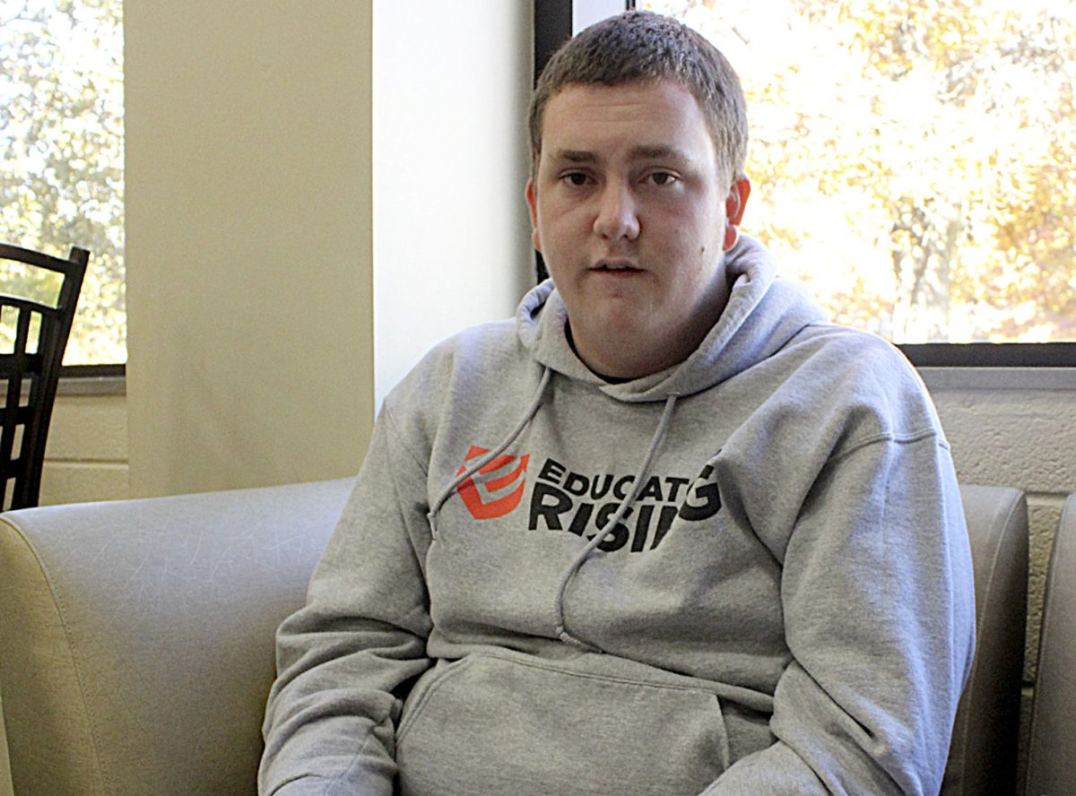 Dylan Schneider, freshman elementary education major, speaks about his role as an Educators Rising ambassador Wednesday in William Allen White library. Schneider is working with The Teachers College, KNEA and Educators Rising to host the Kansas Student Leadership Conference on Dec. 5 on ESU&#8217;s campus.
&#160;