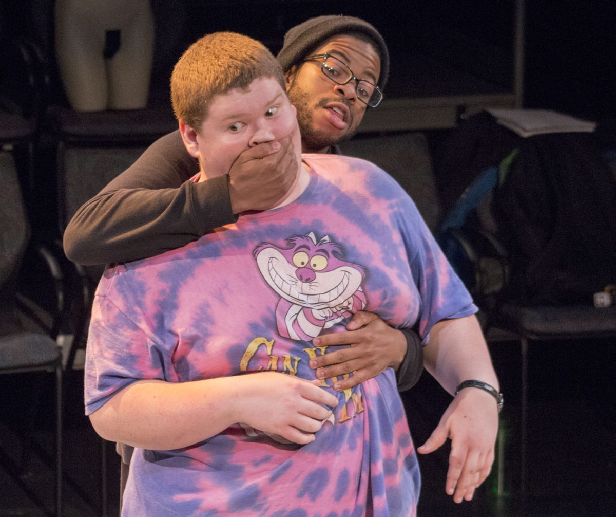 Justin Scheck, junior theater major, and Harriel Mack, senior communication major, rehearse one of thirty short plays on Tuesday night in Fredrickson Theater. PANTS&#8217; "30 plays in 60 minutes" is&#160;at 7 p.m. and 9 p.m. tomorrow and Friday night in Fredrickson Theater.