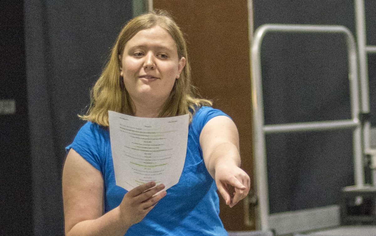 Alayne Weber, senior theater major, participates in a short play, &#8220;Newbie,&#8221; during the playwriting short play festival Nov. 19 in the Fredrickson Theatre. The festival included short plays, 10-minute plays and monologues written by students in the playwriting class.