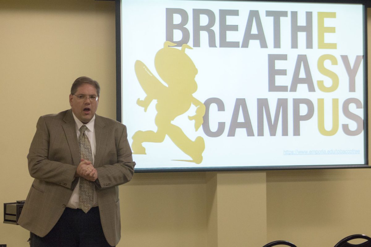 James Williams, vice president of student affairs, opens the faculty/staff tobacco free informational meeting yesterday in Preston Family Room. The forum included a short presentation and four tables where people could learn about the nicotine research on campus, cessation, compliance, suggestions and handouts.