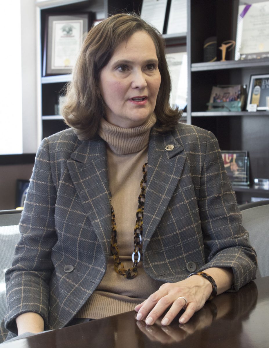 President Allison Garrett during her interview with The Bulletin on Monday in the President's Office.&#160;