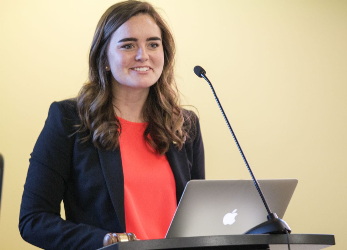 Megan McReynolds, president of ASG and junior political science major, lists the scheduled events for the semester during the first ASG meeting this year last Thursday in Senate Chambers. During the meeting, five new senators were appointed to ASG.