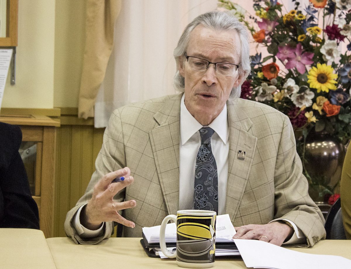 Provost David Cordle talks about the changes to the proposal process during the post KBOR meeting last Friday in the Veteran&#8217;s Hall of Honor. ESU also proposed the naming of the new dorm during the KBOR meeting.