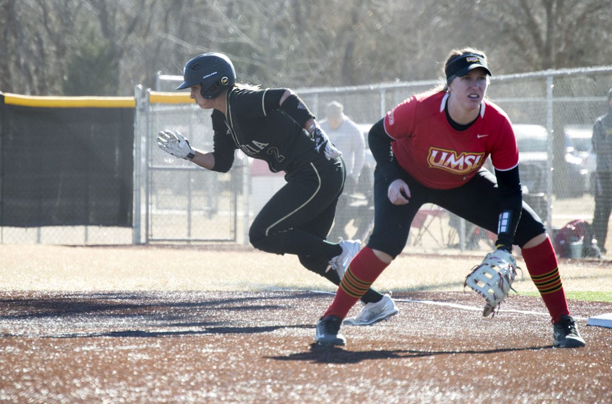 Annelise Rockley, senior utility, runs off base on Saturday at Trusler Sports Complex. The team lost both games Saturday against University of Missouri-St. Louis and Southern Arkansas University.