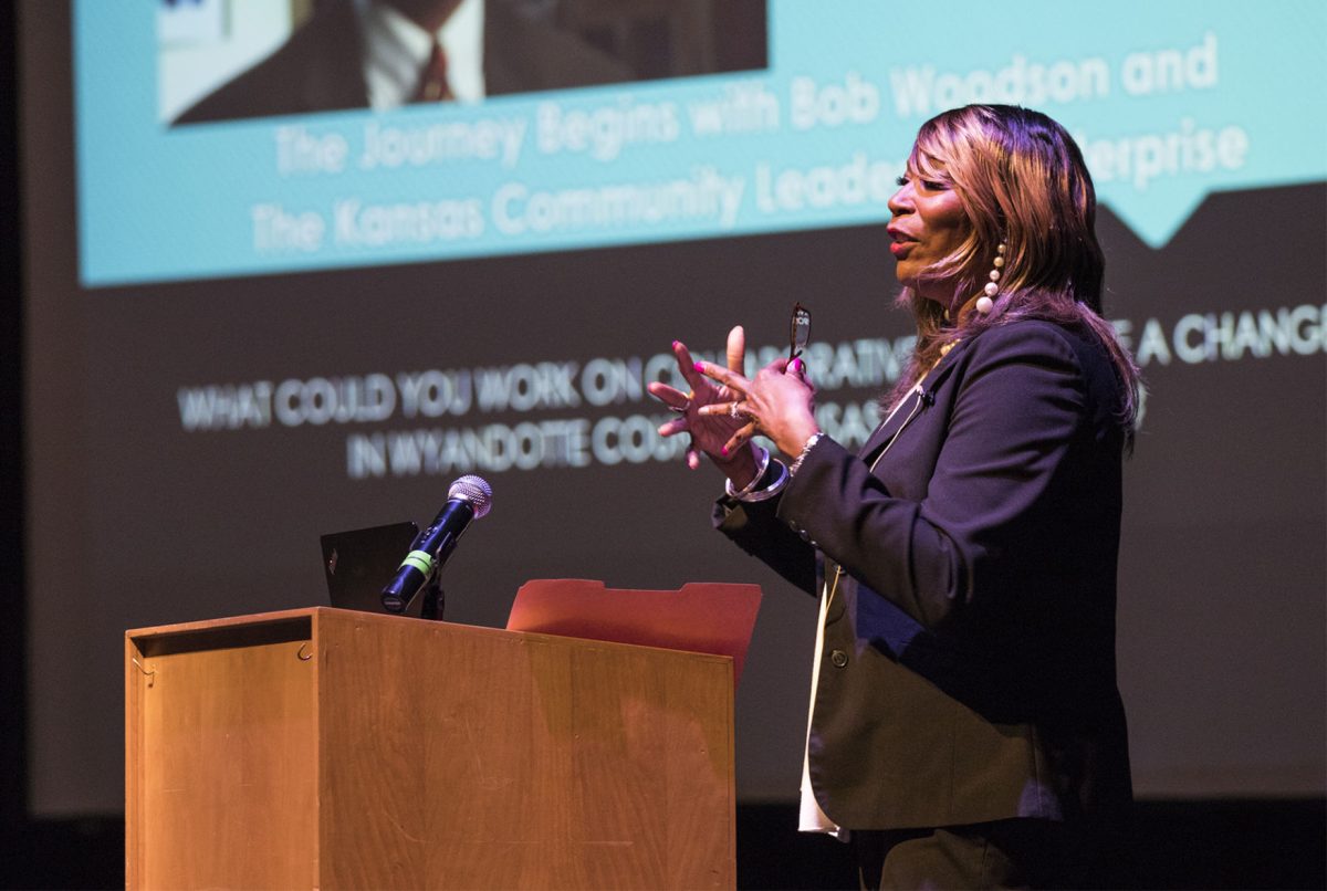 Evelyn Hill, former member of the&#160;Kansas&#160;City,&#160;Kansas&#160;Board of Education talks about her experiences helping homeless families last Thursday in Albert Taylor Hall. The lecture, &#8220;Enabling Homeless Children to be Successful in School&#8221; was hosted by the Honors College.