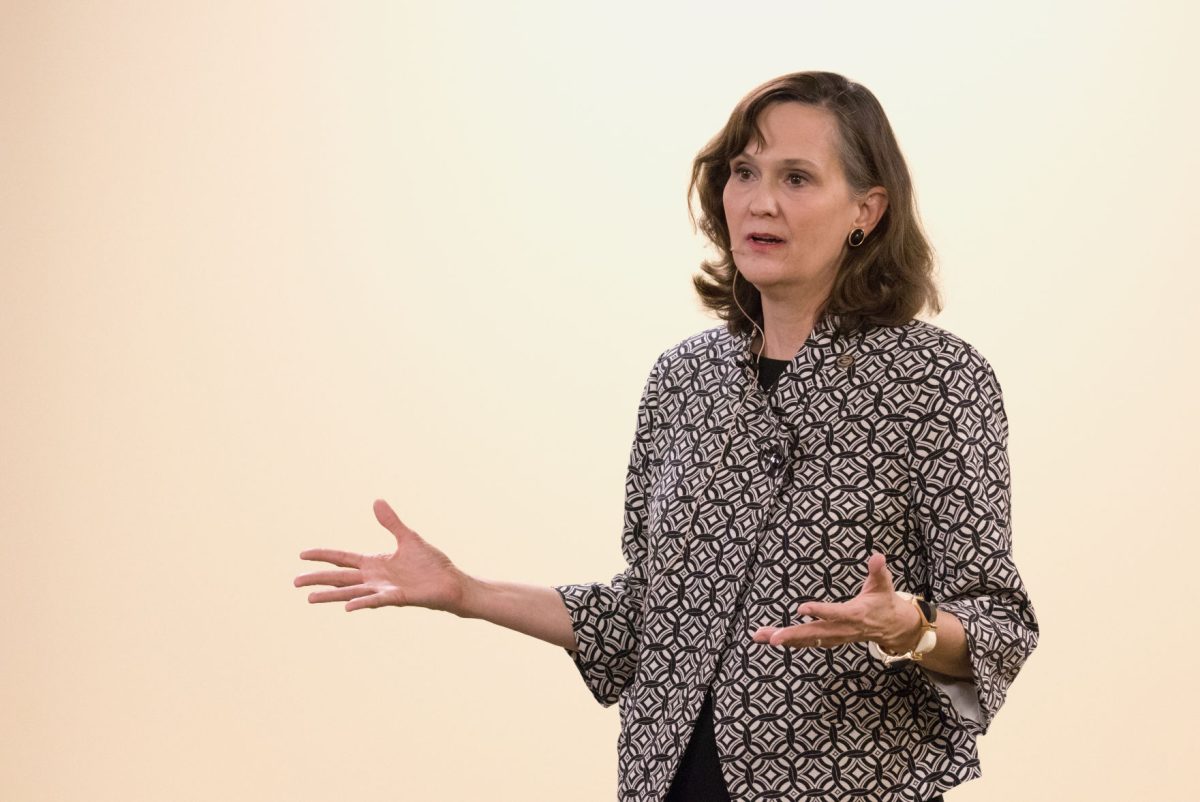 President Allison Garrett speaks about the process for considering the termination of a tenured faculty member and the possible creation of a task force to address sexual harassment policy during the informational meeting about sexual harassment on campus Monday in the Preston Family Room. Garrett answered questions from students, faculty and staff during the meeting.