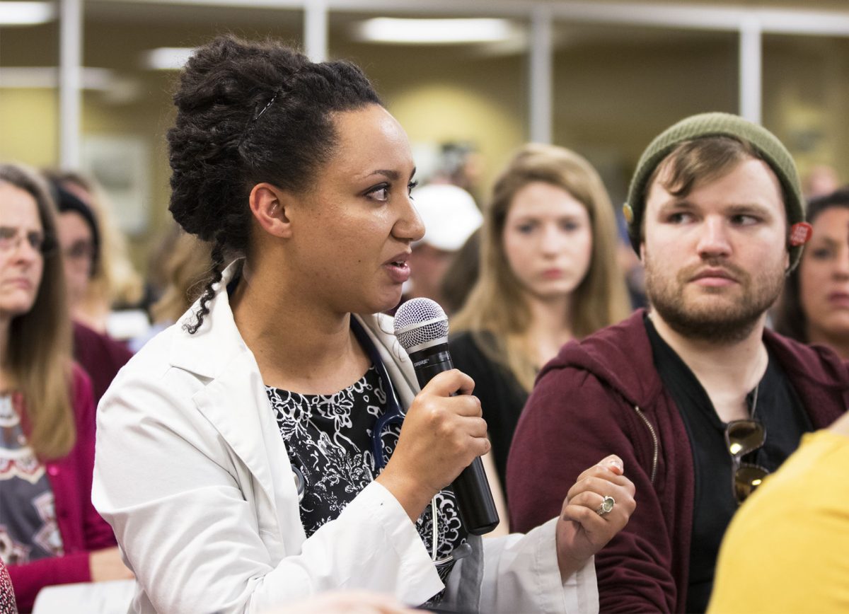 Whitney Landreth, 2016 ESU graduate, spoke about Emporia State&#8217;s dealing with her sexual assault during the town hall Tuesday in the Preston Family Room. There were approximately 250 in attendance to discuss sexual harassment at ESU.