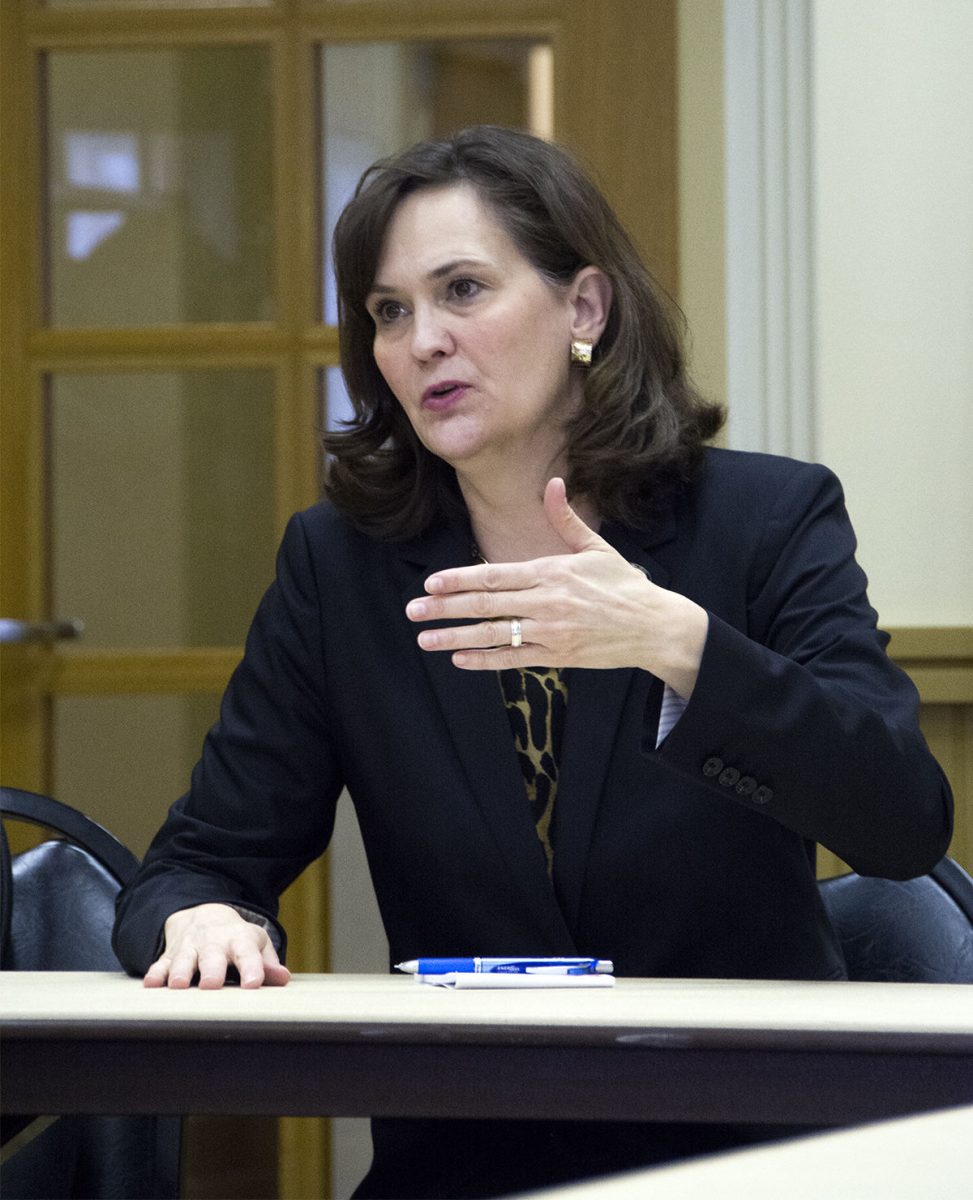 President Allison Garrett speaks in the KBOR meeting on Friday March 16 in Veteran's Hall of Honor on tuition increase, changes to the admission process, and the removal of free speech zones. The next meeting is April 20 in the Veteran's Hall of Honor.