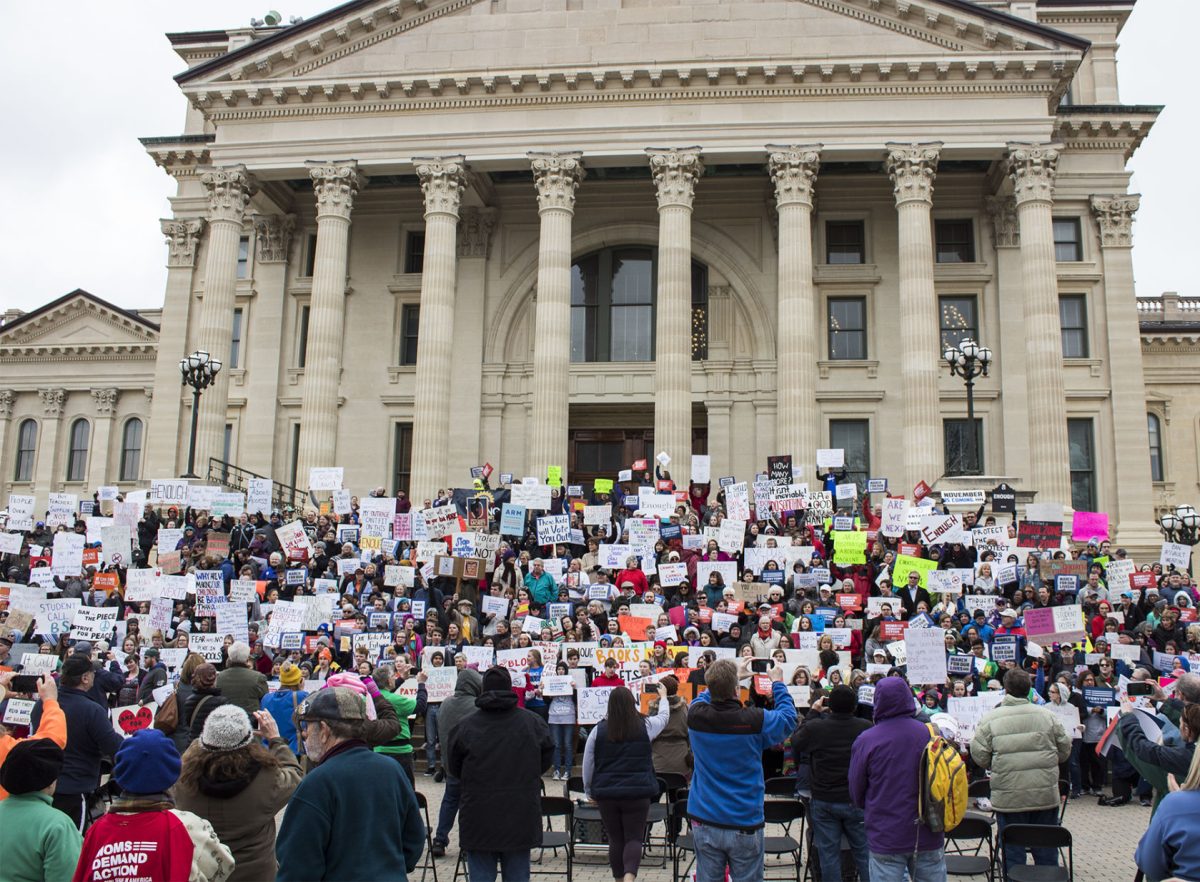 Following the final speaker, the hundreds of protesters attending the March for Our Lives rally gathered on the south steps of the capitol building last Saturday in Topeka. The rally, organized by junior elementary education major Samantha Inscore, focused on stricter gun laws, calling for an end to senseless gun violence and encouraging people to take action and vote.&#160;