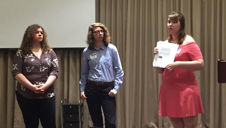 Rayna Karst, editor-and-chief of The Bulletin and senior English major (left), Allie Crome, managing editor of The Bulletin and junior English education major (middle) and Sarah Spoon, opinion editor of The Bulletin and junior Spanish and English major (right), lead a panel discussion about how they conducted the investigation into "Jane's Story" April 10 at the Kansas Collegiate Media Conference in Wichita, Kansas. The Bulletin is receiving the "Above and Beyond" award from the Kansas Sunshine Coalition for Open Government for their investigation, which uncovered how Emporia State handled a student's sexual misconduct allegation.