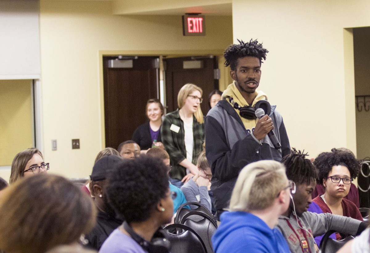 Arriq Singleton,&#160;junior interdisciplinary studies, talks about instances at debate tournaments where the police have been called on black debaters while they were sharing their ideas and research during the open forum last Thursday in the Preston Family Room. During the forum, marginalized students shared their experiences at ESU, saying they were not isolated incidents, and called for students to stand up and not be bystanders.&#160;