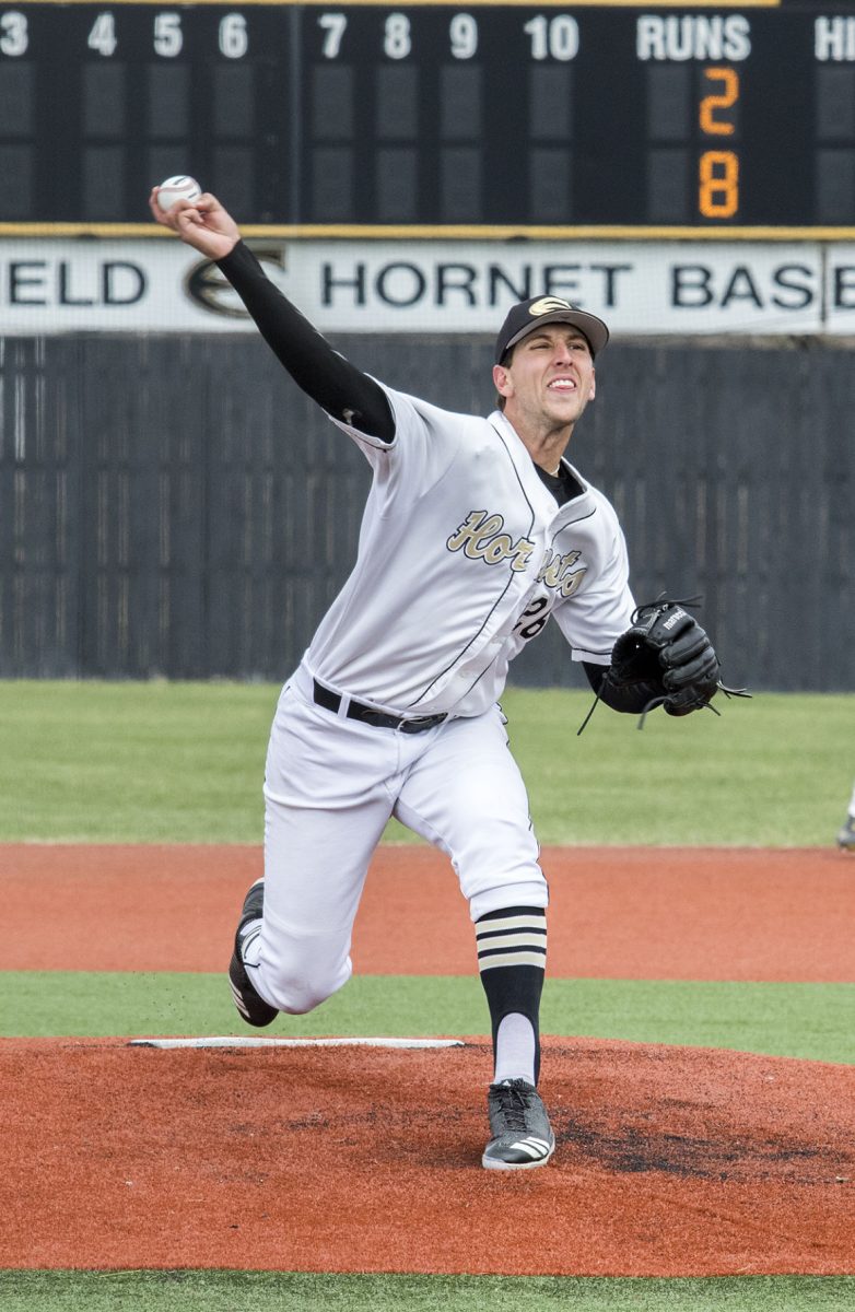 Seth Holman, senior pitcher, pitches during a game against University of Central Oklahoma on Sunday at the Trusler Sports Complex. Holman, who has played baseball since he was four, joined the Hornets after realizing he did not want to continue at the University of Southern Mississippi.