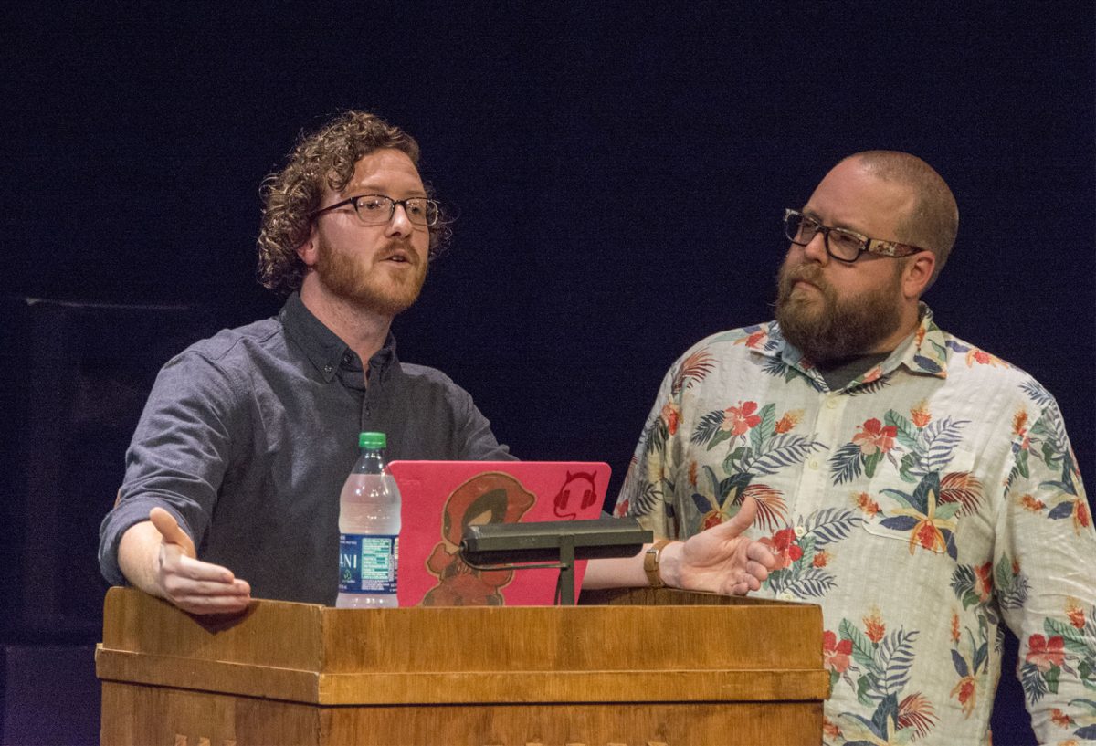 Ian Burch, senior Engineer at Diablo Sound, a company in Los Angeles that designs Audio and Show Control for Themed Entertainment, and Pat Janssen, a Los Angeles based sound editor, re-recording mixer, and engineer who is currently employed by Netflix,&#160;talk about their work&#160;on&#160;Monday in Frederickson Theatre and share their experiences since graduating from Emporia State&#160;as a part of the Pflaum Lecture. The lecture was sponsored by the&#160;Department of Communication and Theatre.