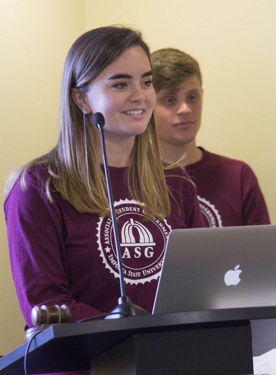 Megan McReynolds, junior sociology major, announces that there will be 111 cameras installed on campus over the summer last Thursday in the ASG Senate Chambers in the Memorial Union. Thursday's meeting was Associated Student Government's last meeting for the year.