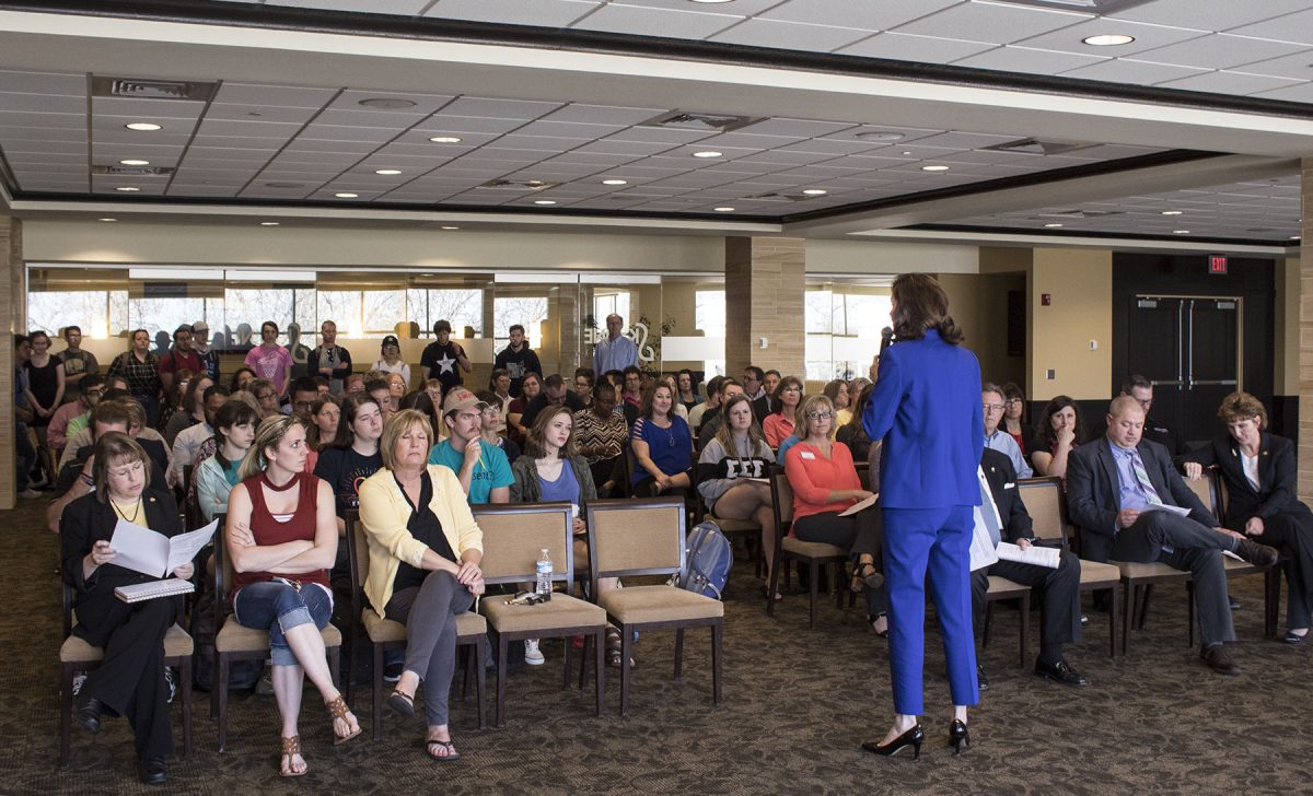 President Allison Garrett shares the proposed tuition and fee increase during an open forum last Monday in the Skyline room. If the proposal is approved by the Kansas Board of Regents, it will result in a tuition increase of 2.53 percent and a fee increase of 1.38 percent.&#160;