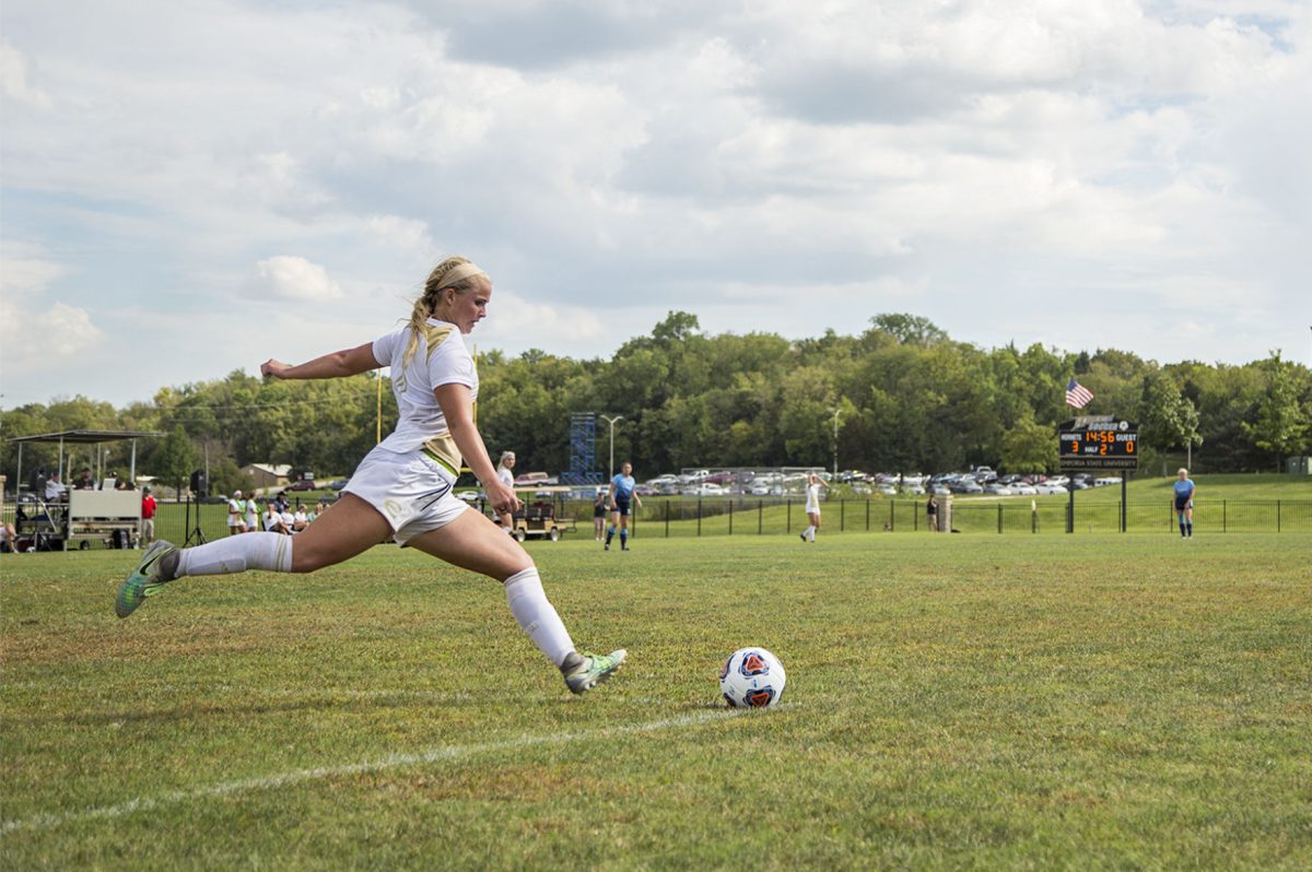 Ashlyn Lakin, freshman defender, kicks a far ball during the Turnpike Tussler against Washburn University on Saturday at the ESU Pitch field. The Hornets won 3-0, and have a current season record of 4-1-1, according to esuhornets.com