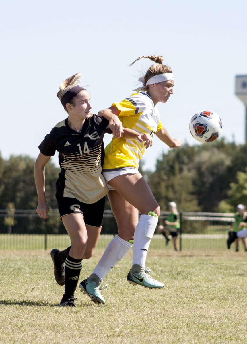 Kennedy Hoffman, junior forward, challenges a Lindenwood player for possession of the ball. The Hornets won 3-2, improving their season record to 6-1-1