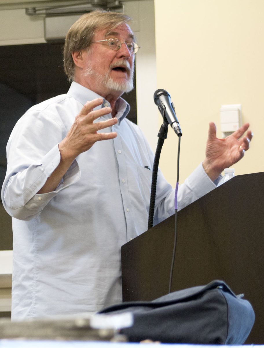Thomas Averill shares his Kansas writing Monday during the visiting writers series in Plumb Hall. Averill has won the O. Henry award for short stories.