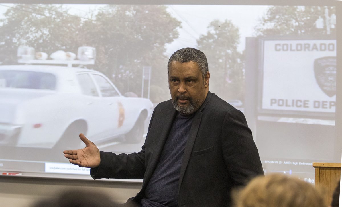 Kevin Willmott, film director of BlacKkKlansman and professor of film at the University of Kansas, talks about the making of the movie, based on true events, during one of the visiting writers events last Friday in Plumb Hall. "Unfortunately, there's a lot of connections between then and now," said Willmott.