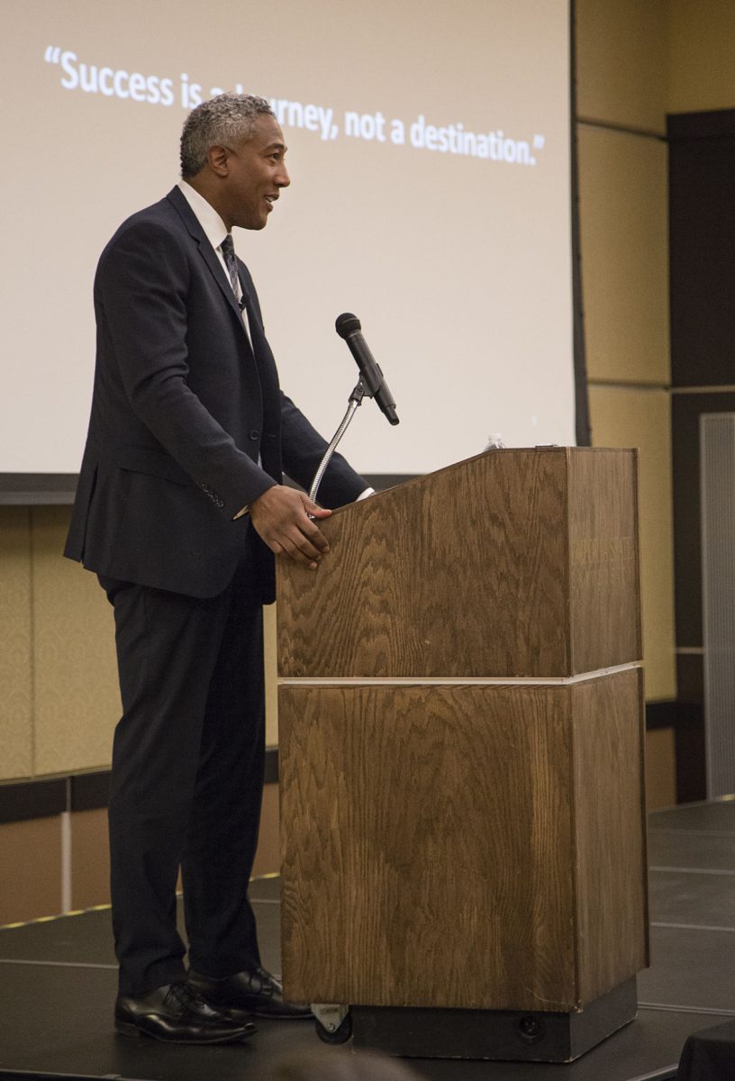 Ron Frierson, director of national incentives at a Los Angeles real estate investment firm, speaks about acts of service last Thursday in Webb Hall. Frierson was the featured lecturer for the 8th annual Hayes lecture series.&#160;