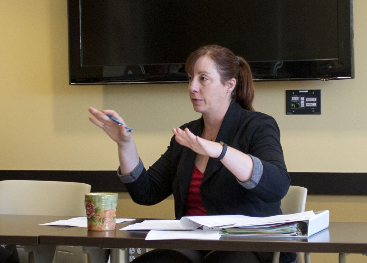 Brenda Koerner, academic affairs committee chair and associate professor of biological sciences, gives an update about AA to the Faculty Executive Committee.&#160;