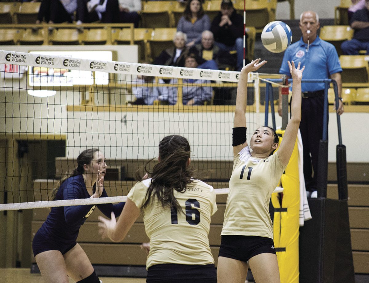 Emma Dixon, junior setter, sets the ball for Tatum Graves, senior middle hitter against Central Oklahoma Saturday in White Auditorium. The regular season ended with a 3-2 win over Central Oklahoma giving the Hornets a 14-18 season record