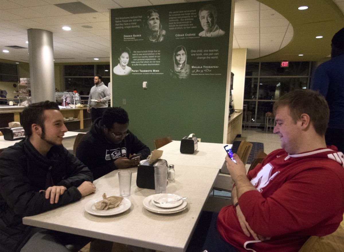 Garrett Chastain, freshman computer science major, Derek Hahn, freshman social science education major, and Bradley Sullivan, freshman crime and delinquency major, eat dinner yesterday in the Hornet&#8217;s Nest. The remodeling, included walls of quotes from famous figures in multiple cultures costing $3,500, according to Carmen Leeds, director of the Memorial Union.