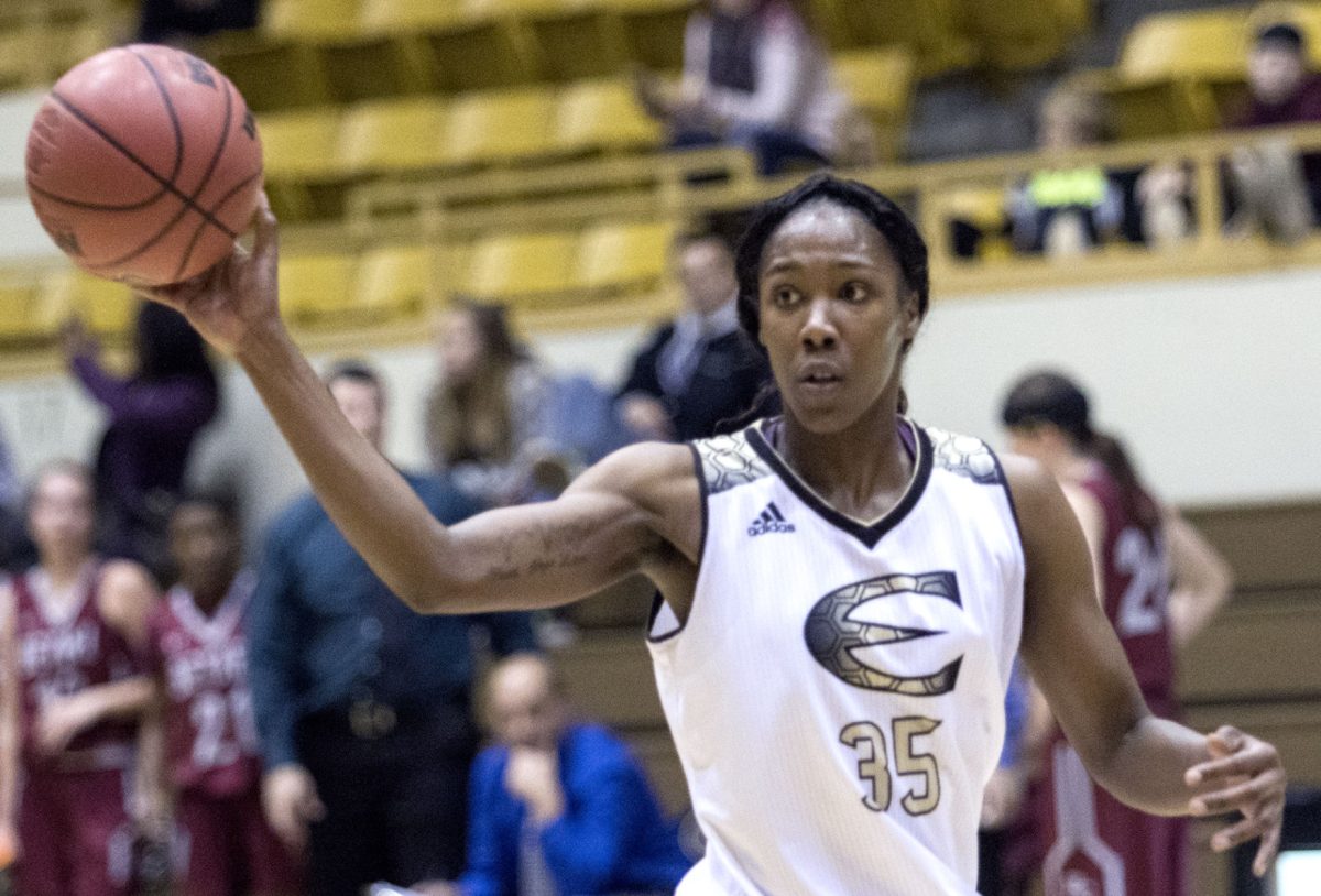 Tyra Jones, senior forward, plays in a game against Bethel on Nov. 5 in White Auditorium. Jones was awarded her second MIAA player of the week for this season.&#160;