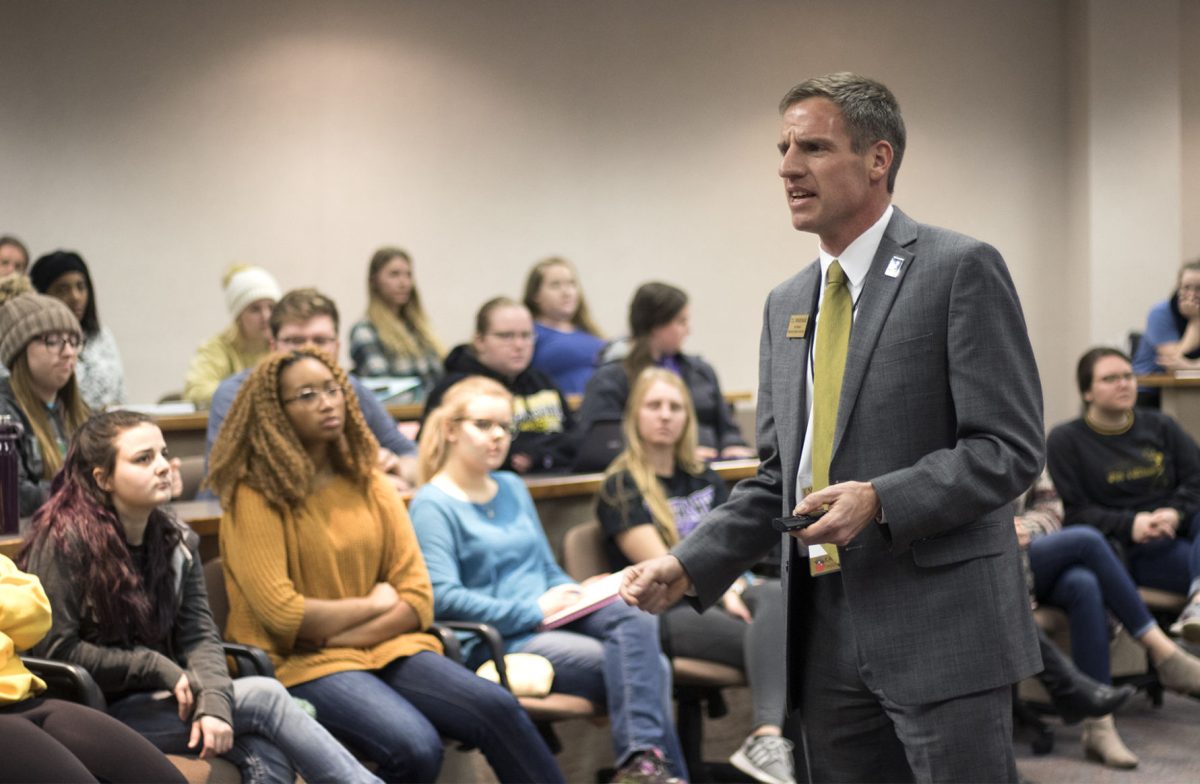 TJ Warsnak, Kansas Teacher of the Year delegate and social studies teacher at Halstead High School speaks to education members last Thursday in Visser Hall. Each teacher gave advice and strategies for the classroom.&#160;