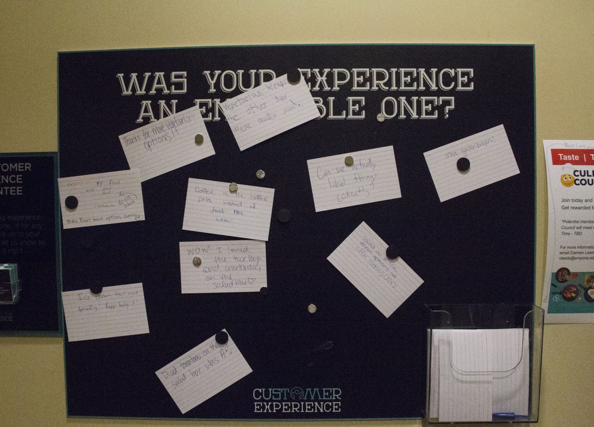 Students write comments about the food at The Hornet&#8217;s Nest in Memorial Union. Comments are reviewed by
cafeteria staff in consideration of change.