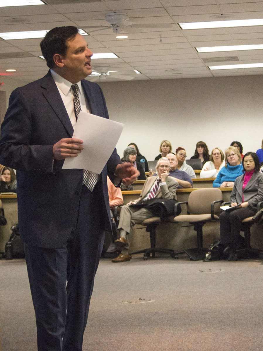 James Sottile, candidate for the position of dean of the teachers college, talks to students, faculty and administrators during the open forum about his plans for Emporia State on Monday. Sottile currently works at Missouri State.