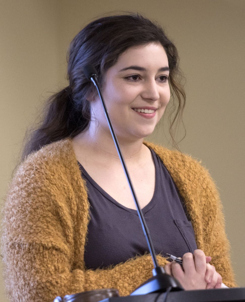 Michaela Todd, Associated Student Government vice president and senior communications and political science major, stands in front of the senate during the meeting yesterday in Senate Chambers. The Diveristy and Inclusion Committee chair asked senators to no longer be "silent" when it comes to Todd's actions and the repercussions felt by students on campus.