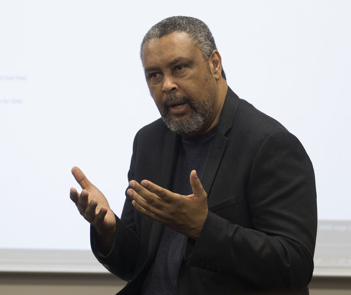 Kevin Willmott, coauthor of &#8220;BlacKkKlansman&#8221; speaks to Emporia State students last September in Plumb Hall. Willmott was nominated for an Oscar for Best Adapted Screenplay this year.&#160;