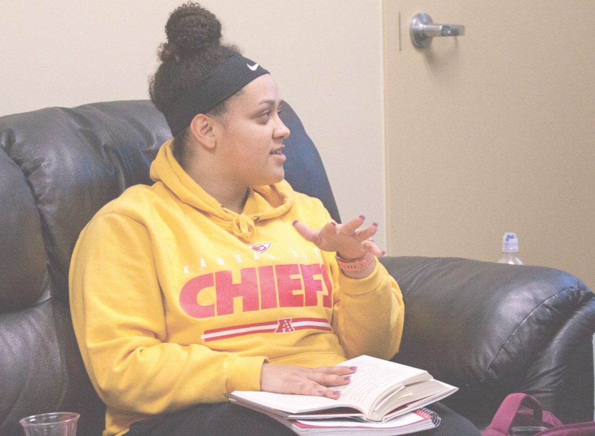 Jalee Ortman, freshman elementary education major, speaks to other members of the Diversity Book Club about her personal experiences and how she feels about &#8220;The Hate U Give&#8221; by Angie Thomas on Tuesday in the Diversity Lounge. The next book club meeting will be March 5 and will discuss &#8220;Hidden Figures&#8221; by Winifred Conkling.