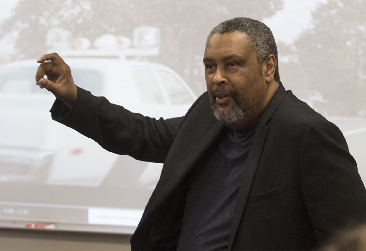 Kevin Willmott, Oscar winner for &#8220;BlacKkKlansman&#8221; and film professor at the University of Kansas, talks during his visit to Emporia State last semester. Willmott is returning to ESU Friday for the Friends of the Plains dinner.
