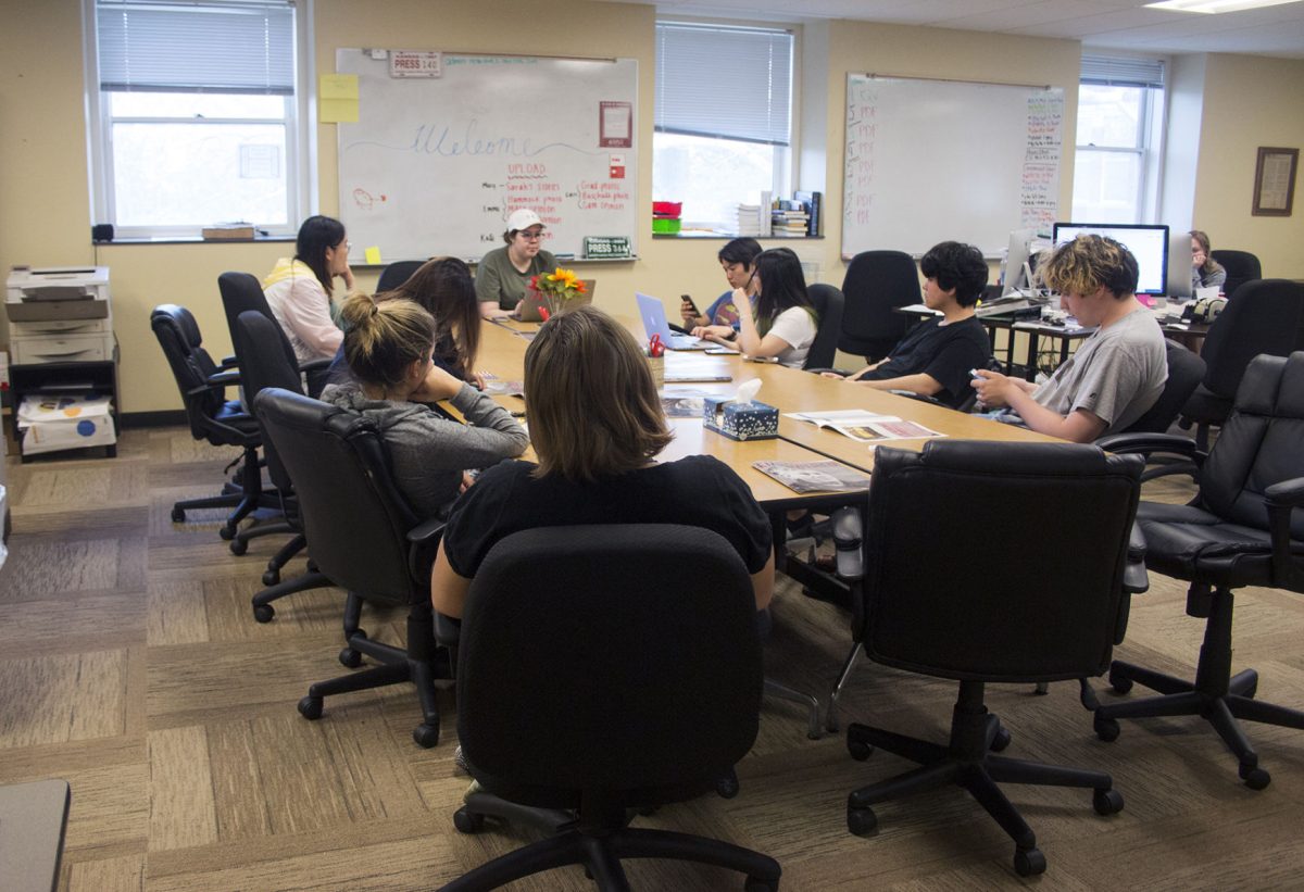 Margaret Mellott, managing editor of The Bulletin and sophomore social science education major, leads a meeting informing the staff that The Bulletin would not shutdown due to financial hardships. The Bulletin was within one hour of shutting down for remainder of the fiscal year when Jim Williams, vice president of student affairs, came to Bulletin leadership with assistance.