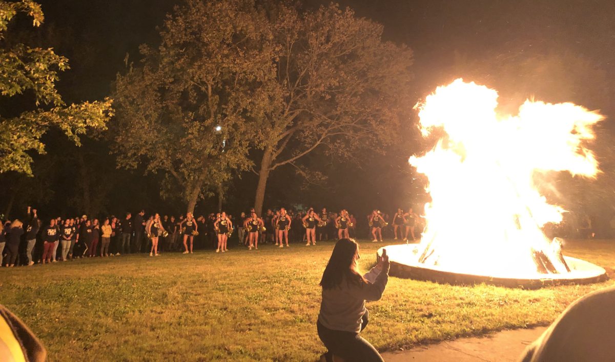 Emporia State students gather for the annual homecoming bonfire on Oct. 18. During the bonfire the annual &#8220;Yell like Hell&#8221; competition took place. The winner of the competition was Chi Omega.&#160;&#160;
&#160;
